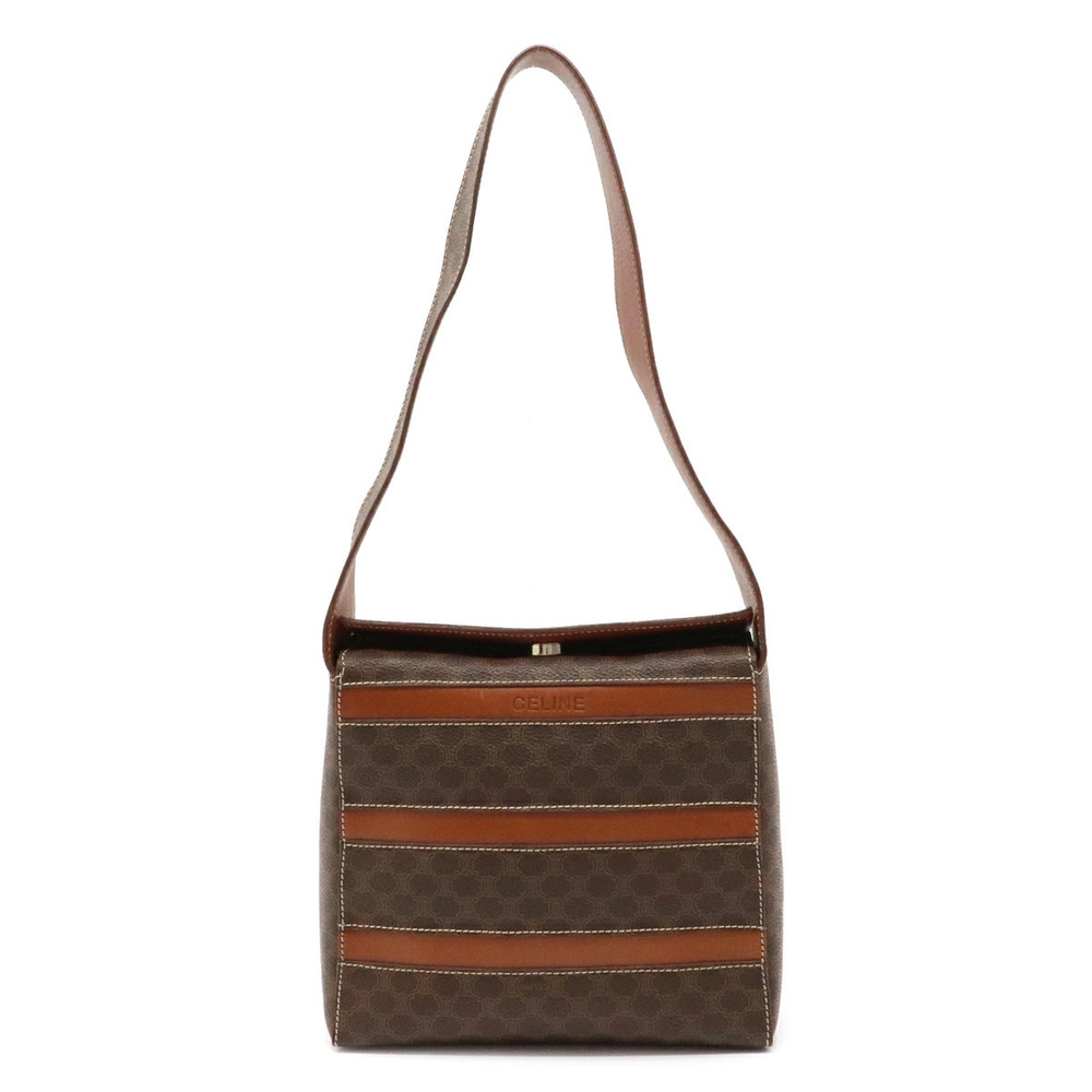 Celine Macadam Shoulder Bag Hobo Striped Leather Brown Dark